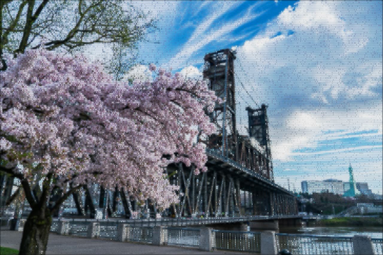 Portland's Steel Bridge with cherry blossoms in ASCII