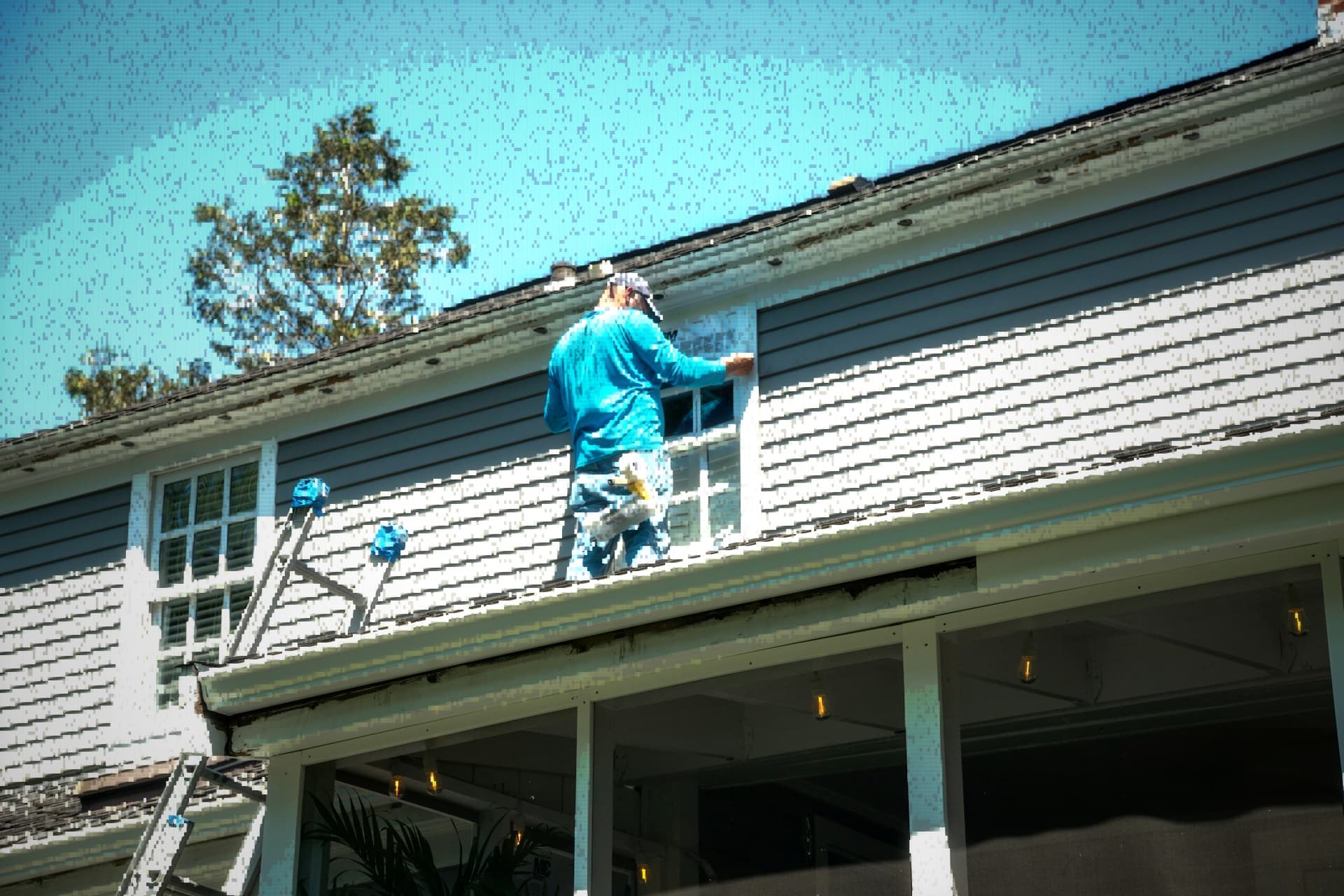 ASCII-style image of a Northbank home inspector examining a house exterior from a ladder